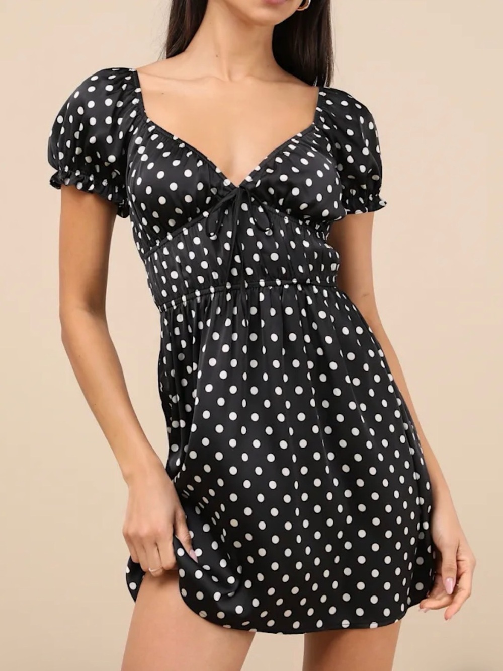 Polka Dot Satin Puff Sleeve Mini Dress